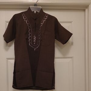 Elegant Brown Embroidered Men's Casual Shirt